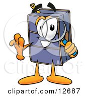 Suitcase Cartoon Character Looking Through A Magnifying Glass