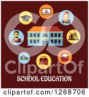 School Building With Teachers And Items Over Text On Maroon