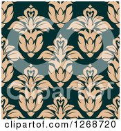 Poster, Art Print Of Seamless Background Pattern Of Tan Damask Floral On Teal