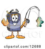 Suitcase Cartoon Character Holding A Fish On A Fishing Pole