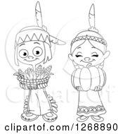 Clipart Of A Black And White Happy Cute Native American Indian Boy Holding A Basket Of Thanksgiving Corn Royalty Free Vector Illustration
