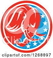 Poster, Art Print Of Retro Woodcut Angry Elephant In A Red White And Blue Circle With Stars