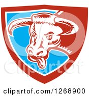 Clipart Of A Retro Woodcut Longhorn Bull With Its Tongue Hanging Out In A Red White And Blue Shield Royalty Free Vector Illustration
