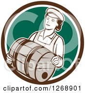 Poster, Art Print Of Retro Female Bartender Carrying A Beer Keg Barrel In A Brown White And Green Circle