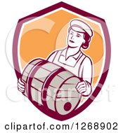 Retro Female Bartender Carrying A Beer Keg Barrel In A Shield