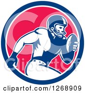 Poster, Art Print Of Retro Running American Football Player In A Blue White And Pink Circle