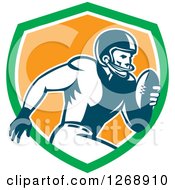 Poster, Art Print Of Retro Running American Football Player In A Green White And Orange Shield