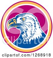 Poster, Art Print Of Retro Bald Eagle Head In A Purple Yellow And White Circle