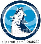 Poster, Art Print Of Retro Howling Fox In A Blue And White Circle