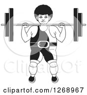 Poster, Art Print Of Black And White Bodybuilder Woman Working Out With A Barbell On The Front Of Her Shoulders