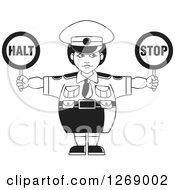 Poster, Art Print Of Black And White Chubby Police Woman Holding Stop Signs 2