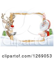Poster, Art Print Of Reindeer And Santa Pointing Around A Christmas Wood Sign In The Snow