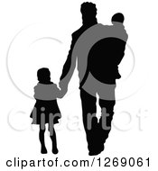 Poster, Art Print Of Black Silhouette Of A Daughter Holding Hands And Walking With Her Father And Baby Brother