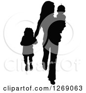 Poster, Art Print Of Black Silhouette Of A Mother Carrying Her Son And Holding Hands With Her Daughter