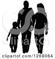 Poster, Art Print Of Black Silhouette Of A Son Holding Hands And Walking With His Mother And Father