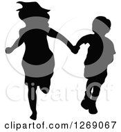 Poster, Art Print Of Black Silhouette Of A Mother Or Big Sister Holding Hands With A Boy And Running