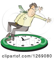 Caucasian Businessman Falling Back On A Green Wall Clock