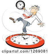 Caucasian Businessman Falling Back On A Red Wall Clock