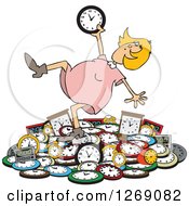 Caucasian Blond Woman Falling Back On A Pile Of Clocks