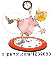 Caucasian Blond Woman Falling Back On A Red Wall Clock