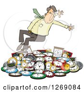 Poster, Art Print Of Caucasian Businessman Falling Back On A Pile Of Clocks