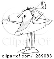 Clipart Of A Black And White Hard At Hearing Caveman Holding A Horn Up To His Ear Royalty Free Vector Illustration