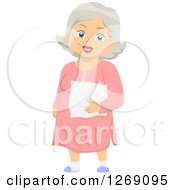 Clipart Of A Happy Senior Caucasian Woman Holding A Pillow And Standing In Pajamas Royalty Free Vector Illustration
