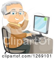 Senior Caucasian Man Adjusting His Glasses And Using A Desktop Computer
