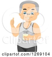 Poster, Art Print Of Senior Caucasian Man Holding A Thumb Up And A Glass Of Milk