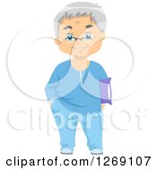Clipart Of A Happy Senior Caucasian Man Holding A Pillow And Standing In Pajamas Royalty Free Vector Illustration