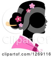 Poster, Art Print Of Silhouetted Black Korean Womans Face With A Colored Kimono And Blossoms In Her Hair