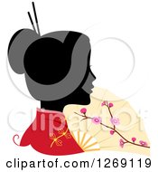 Poster, Art Print Of Silhouetted Black Chinese Womans Face With A Colored Kimono And Fan