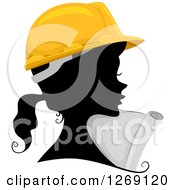 Poster, Art Print Of Silhouetted Black Contractor Engineer Womans Face With A Colored Hard Hat And Plans
