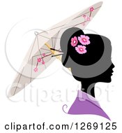 Poster, Art Print Of Silhouetted Black Japanese Womans Face With A Colored Kimono And Umbrella