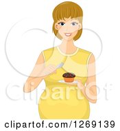 Happy Blond Pregnant White Woman Eating A Cupcake