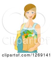 Poster, Art Print Of Happy Blond White Pregnant Woman Carrying A Bag Of Groceries