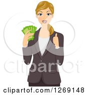 White Caucasian Business Woman Holding Cash Money And A Thumb Up