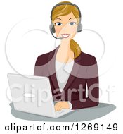 Happy Blond Caucasian Businesswoman Wearing A Headset And Working On A Laptop