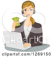 Blond Caucasian Business Woman Wearing A Headset Holding Cash And Working On A Laptop