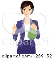 Poster, Art Print Of Young Businesswoman Holding A Money Bag And Giving A Thumb Up