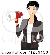 Poster, Art Print Of Young Black Haired Businesswoman Holding A Megaphone