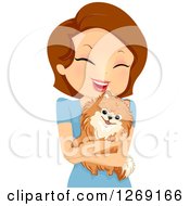 Happy Brunette Caucasian Woman Hugging Her Pomeranian Dog