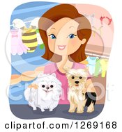 Poster, Art Print Of Happy Brunette Caucasian Woman With Dogs In A Pet Boutique