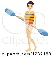 Young Brunette Caucasian Woman Holding A Kayak Paddle
