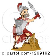 Tough Roman Soldier Warrior Holding Up A Sword And Stepping On A Rock