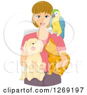 Blond Caucasian Woman Sitting With A Parrot Dog And Cat