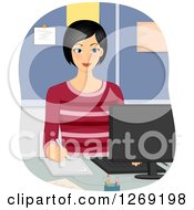 Clipart Of A Young Asian Graphic Designer Woman Working With An Illustrator Tablet On A Computer Royalty Free Vector Illustration