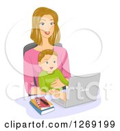 Poster, Art Print Of Blond Caucasian Mom Working On A Computer Or Doing An Online Chat With A Baby In Her Lap