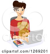 Clipart Of A Happy Black Haired Woman Working On A Laptop Computer With A Dog In Her Lap Royalty Free Vector Illustration