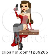 Poster, Art Print Of Sexy Brunette Caucasian Mafia Mistress Woman Sitting On A Table And Holding A Gun